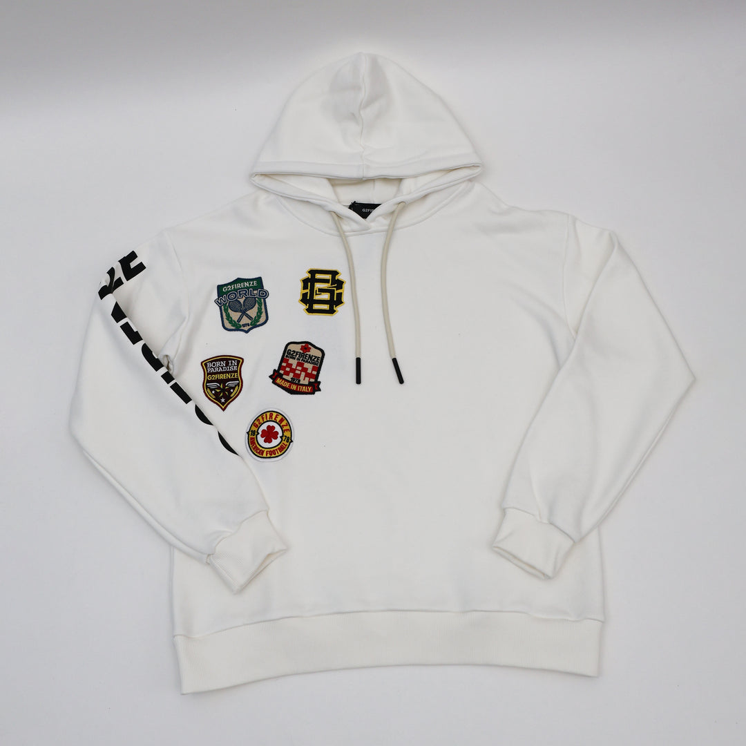 RACING - Felpe - Uomo - G2 FIRENZE - Con Cappuccio - Bianca & Nera - Toppe Decorative - Grafiche Dinamiche - Morbido Tessuto Felpato - Look Casual - Motorsport - Streetwear - Abbigliamento Autunno Inverno