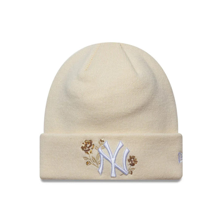 60691295 - Cappelli - Donna - New Era - KNIT BEANIE - New York Yankees - Ricamo Floreale - Stile Sportivo - Off White - Classico Confortevole - Eleganza Invernale