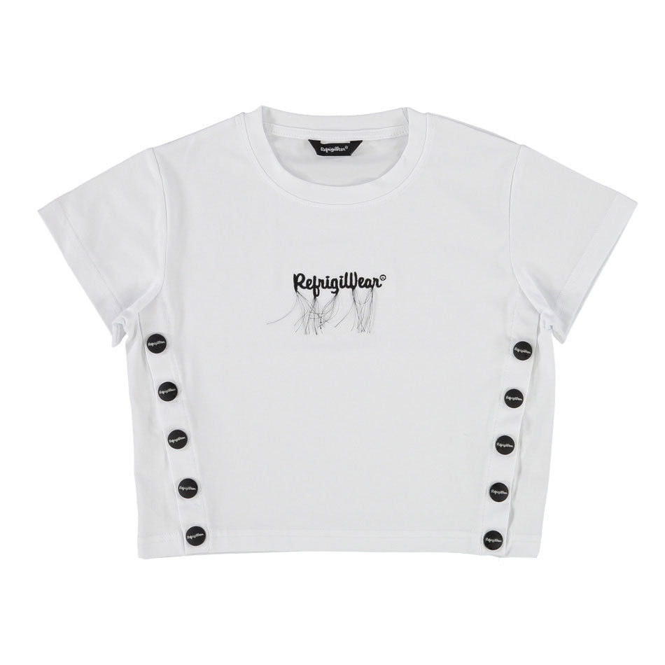 T-SHIRT CROP TOP REFRIGIWEAR LOGO E BOTTONI LATERALI BIANCA