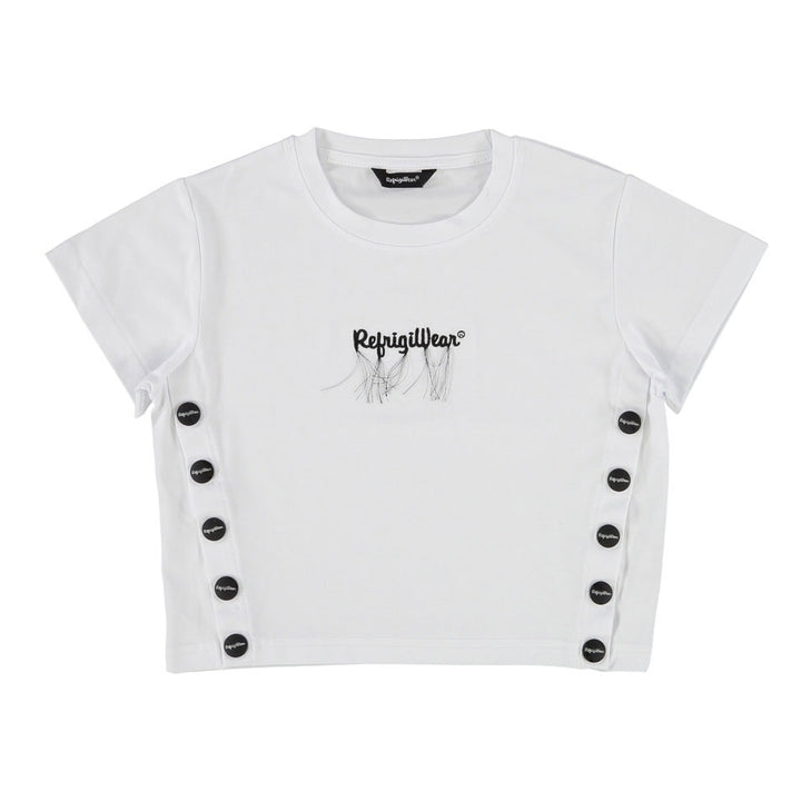 T-SHIRT CROP TOP REFRIGIWEAR LOGO E BOTTONI LATERALI BIANCA