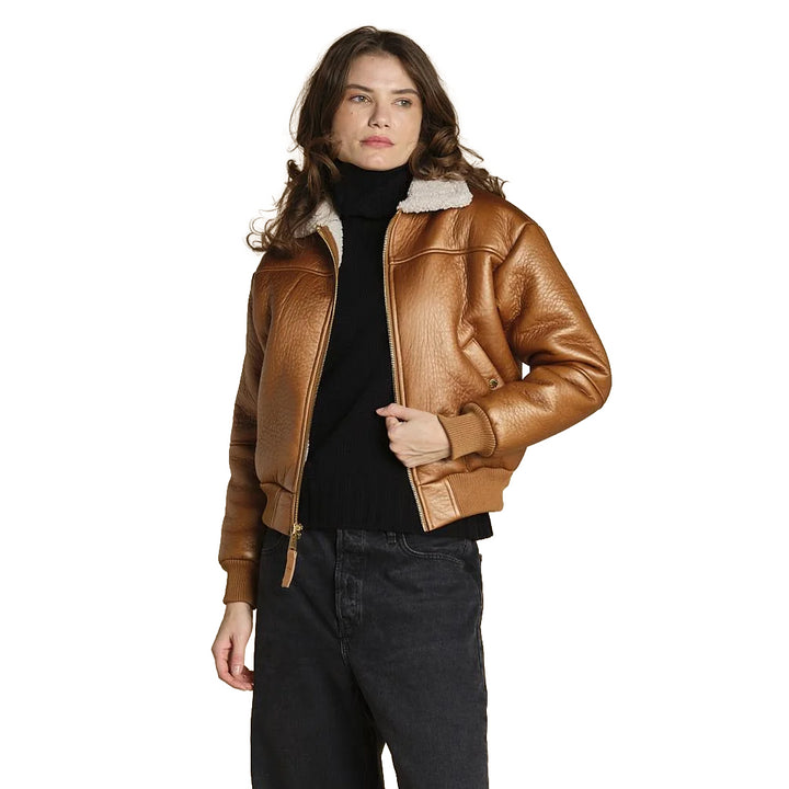 F258007 - Giacche - ALPHA INDUSTRIES GIACCA BOMBER CROP DONNA – CON COLLARE PELLICCIA – MARRONE/NERO