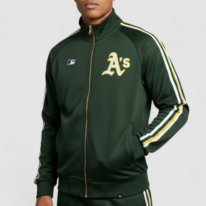 47-BB018PMIRPL636516DG - Giacche - Uomo - 47 MVP - BRAND JETWAY - OAKLAND ATHLETICS - Verde Scuro - Zip Dorata - MLB - Giacca Jetway - Track Jacket - Abbigliamento Autunno Inverno
