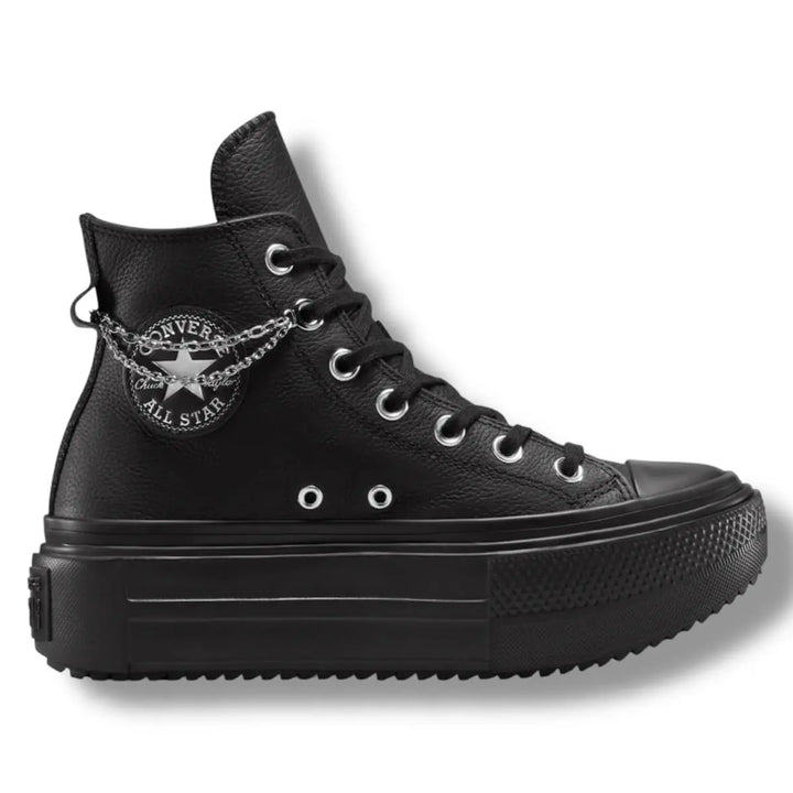 SNEAKERS DONNA ALTE CONVERSE LIFT DOUBLE STACK PLATFORM CHAINS PELLE NERA A15165C