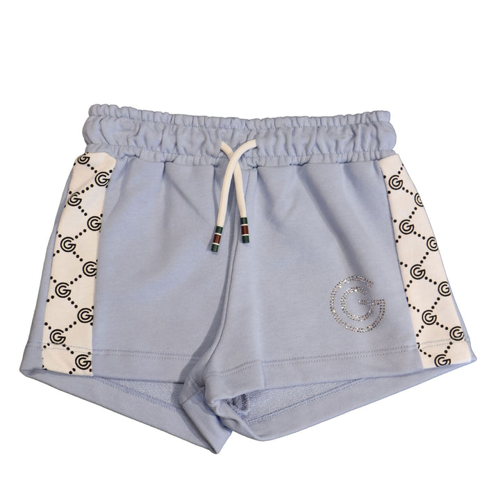 PANTALONCINI GABRIELLA GUCCI LOGO STRASS E BANDE "G" CELESTE