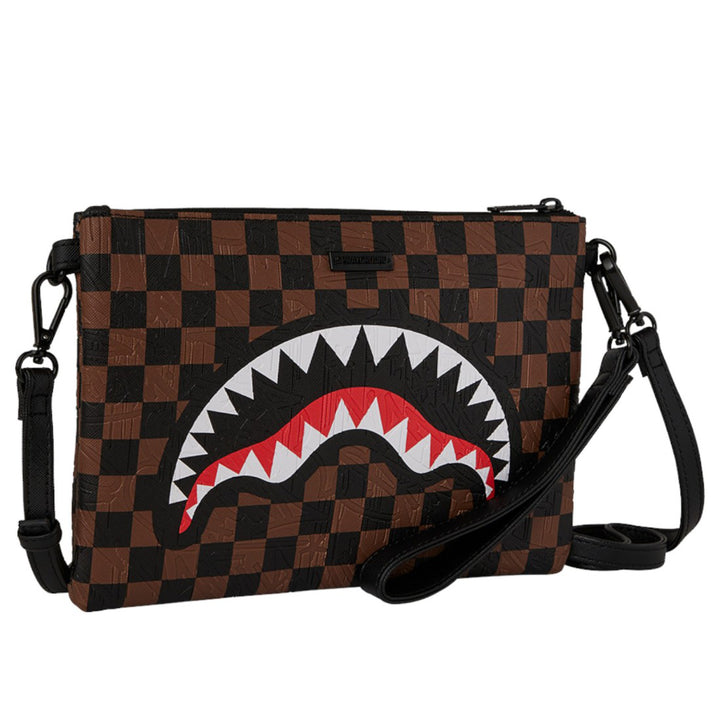 910B8239NSZ - Borse - Unisex - Sprayground - Pochette - SAWTOOTH SHARKS IN PARIS PVC - Grafica A Scacchiera - Marrone & Nero - Multiuso - Da Viaggio - Accessorio