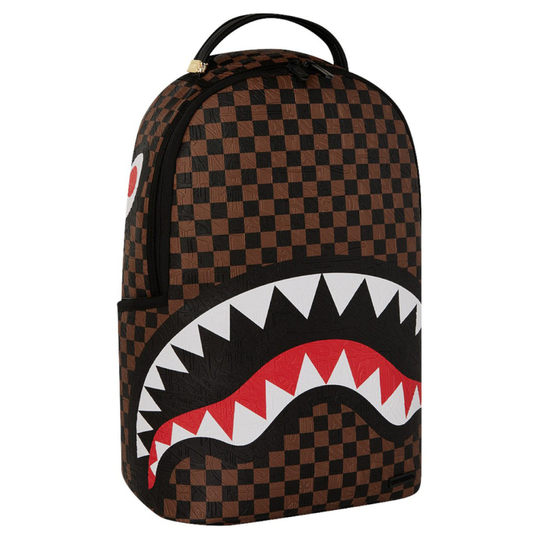 910B8232NSZ - Zaini - Unisex - Sprayground - SAWTOOTH SHARKS IN PARIS MONOGRAM - Grafica A Scacchiera - Marrone & Nero - Design Unico - Stash Pocket - Accessorio