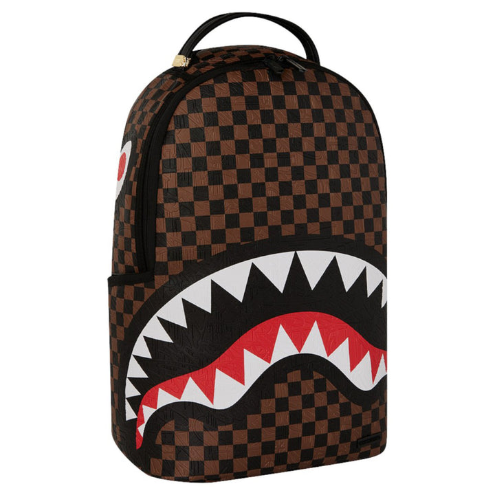 910B8232NSZ - Zaini - Unisex - Sprayground - SAWTOOTH SHARKS IN PARIS MONOGRAM - Grafica A Scacchiera - Marrone & Nero - Design Unico - Stash Pocket - Accessorio