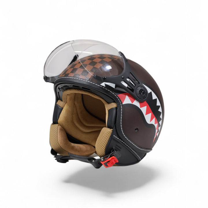 OP01BROWN - Helmets - Sprayground - Unisex - JET SHARKS IN PARIS HELMET - Brown - Biker Look - All-Over - Streetwear - Accessory