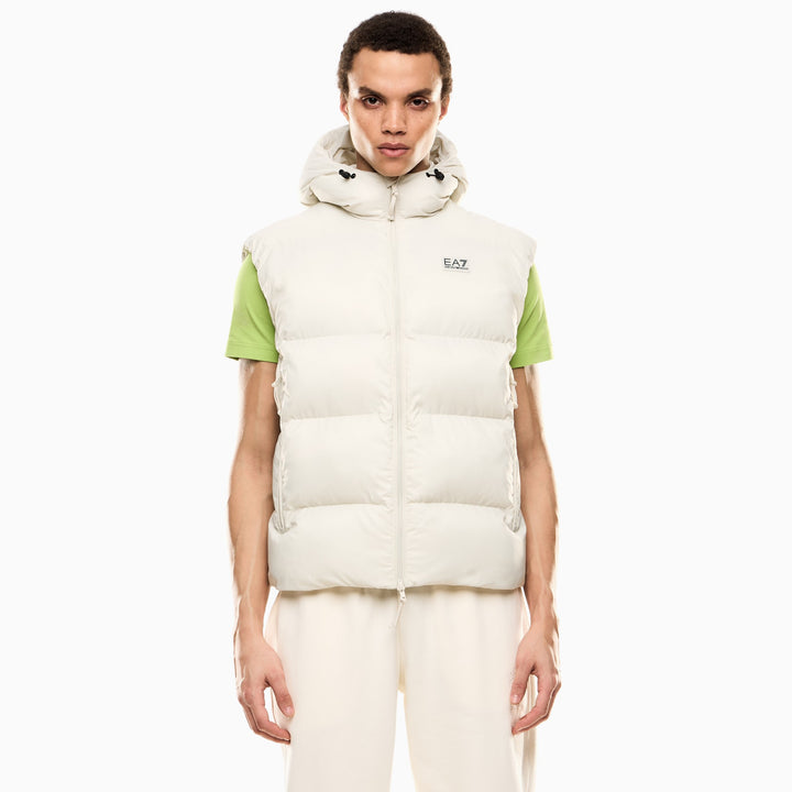 7M000693 AF15956 - GILET UOMO IMBOTTITO CON CAPPUCCIO EA7 EMPORIO ARMANI TESSUTO TECNICO NERO & BEIGE