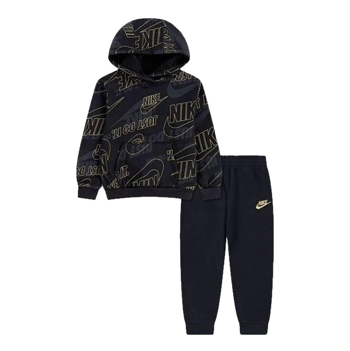 86N486 - Tute - Nike - Bambino/A - Felpa Con Cappuccio - ALL-OVER LOGO - Pantaloni Jogger Nero - Stile Grafico Junior