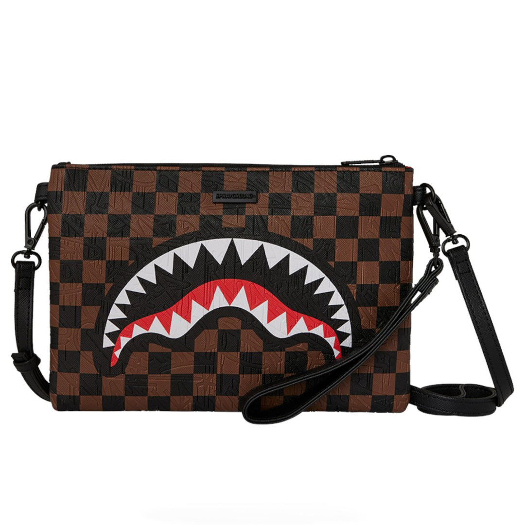 910B8239NSZ - Borse - Unisex - Sprayground - Pochette - SAWTOOTH SHARKS IN PARIS PVC - Grafica A Scacchiera - Marrone & Nero - Multiuso - Da Viaggio - Accessorio