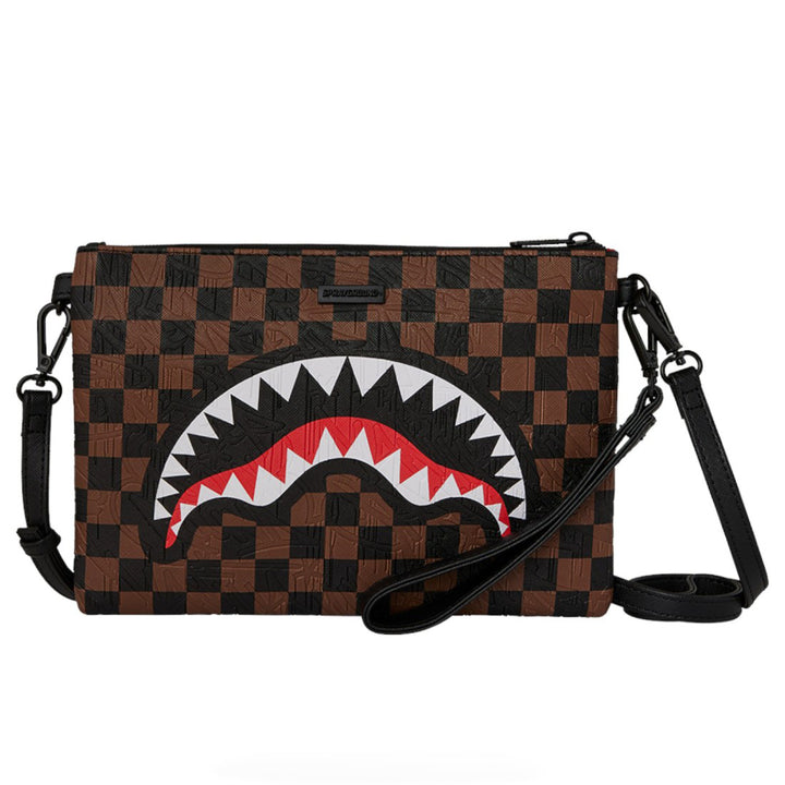 910B8239NSZ - Borse - Unisex - Sprayground - Pochette - SAWTOOTH SHARKS IN PARIS PVC - Grafica A Scacchiera - Marrone & Nero - Multiuso - Da Viaggio - Accessorio