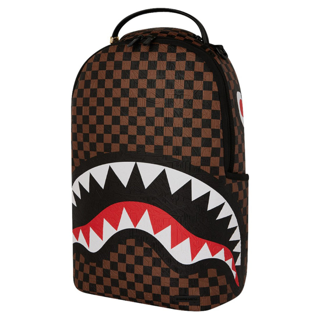 910B8232NSZ - Zaini - Unisex - Sprayground - SAWTOOTH SHARKS IN PARIS MONOGRAM - Grafica A Scacchiera - Marrone & Nero - Design Unico - Stash Pocket - Accessorio