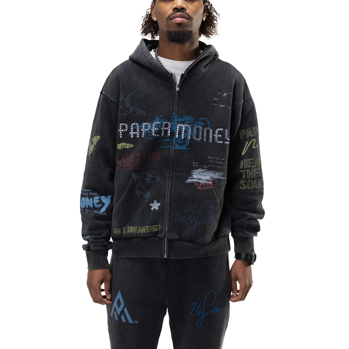 FELPA ZIP E CAPPUCCIO UOMO PAPER MONEY ALL-OVER STRASS
