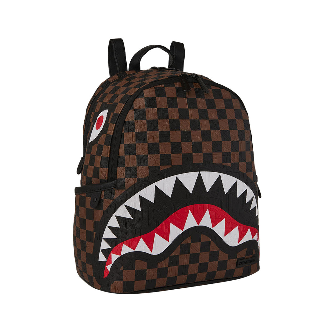 910B8233NSZ - Zaini - Sprayground - Unisex -  CHECK 2 EMBOSS SAVAGE BACKPACK - Marrone & Nero - Grafica A Scacchiera - Shark Mouth - Stash Pocket - Accessorio