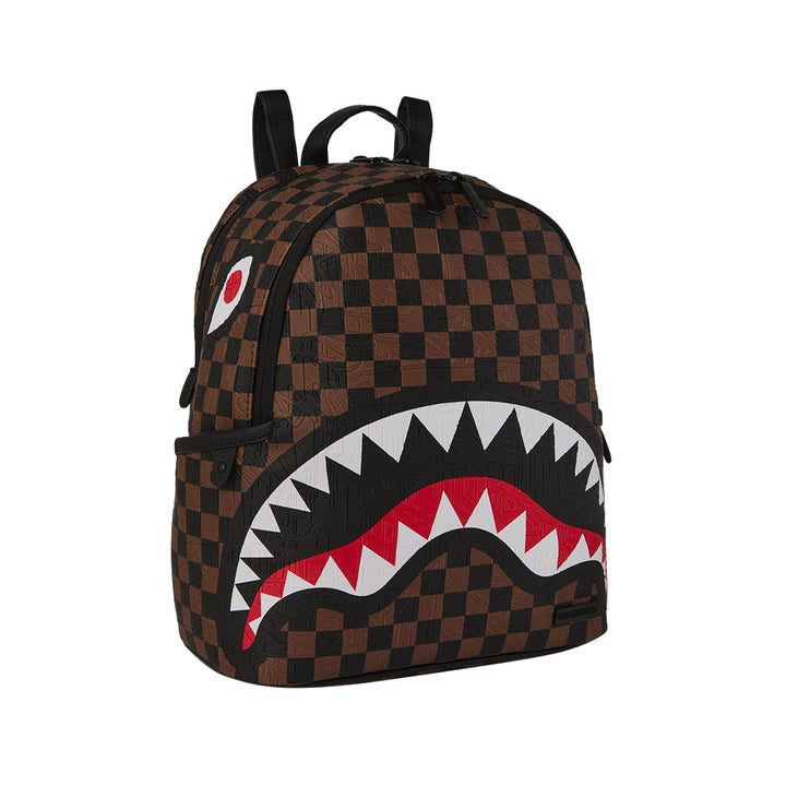 910B8233NSZ - Zaini - Sprayground - Unisex -  CHECK 2 EMBOSS SAVAGE BACKPACK - Marrone & Nero - Grafica A Scacchiera - Shark Mouth - Stash Pocket - Accessorio