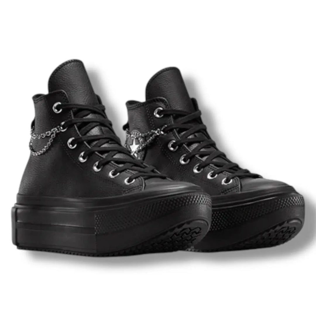 SNEAKERS DONNA ALTE CONVERSE LIFT DOUBLE STACK PLATFORM CHAINS PELLE NERA A15165C
