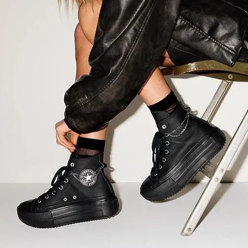 SNEAKERS DONNA ALTE CONVERSE LIFT DOUBLE STACK PLATFORM CHAINS PELLE NERA A15165C
