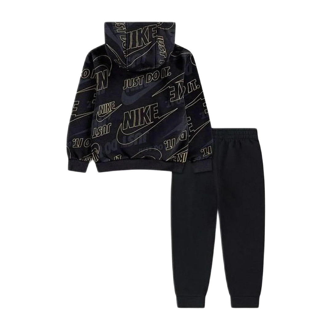 86N486 - Tute - Nike - Bambino/A - Felpa Con Cappuccio - ALL-OVER LOGO - Pantaloni Jogger Nero - Stile Grafico Junior