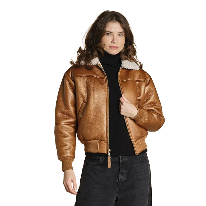 F258007 - Giacche - ALPHA INDUSTRIES GIACCA BOMBER CROP DONNA – CON COLLARE PELLICCIA – MARRONE/NERO