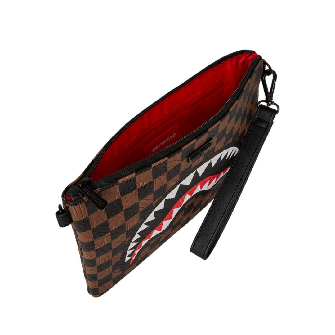 910B8239NSZ - Borse - Unisex - Sprayground - Pochette - SAWTOOTH SHARKS IN PARIS PVC - Grafica A Scacchiera - Marrone & Nero - Multiuso - Da Viaggio - Accessorio