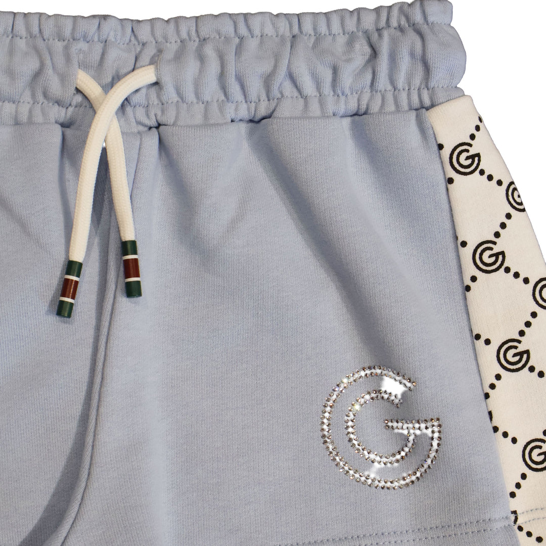 PANTALONCINI GABRIELLA GUCCI LOGO STRASS E BANDE "G" CELESTE