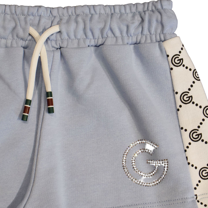 PANTALONCINI GABRIELLA GUCCI LOGO STRASS E BANDE "G" CELESTE