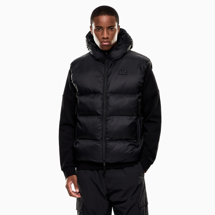 7M000693 AF15956 - GILET UOMO IMBOTTITO CON CAPPUCCIO EA7 EMPORIO ARMANI TESSUTO TECNICO NERO & BEIGE