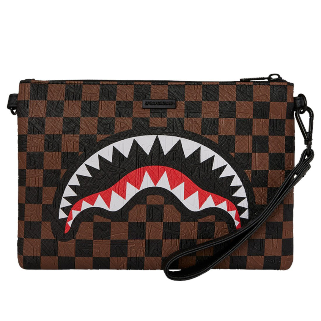 910B8239NSZ - Borse - Unisex - Sprayground - Pochette - SAWTOOTH SHARKS IN PARIS PVC - Grafica A Scacchiera - Marrone & Nero - Multiuso - Da Viaggio - Accessorio