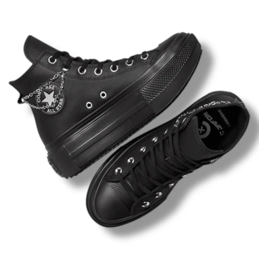 SNEAKERS DONNA ALTE CONVERSE LIFT DOUBLE STACK PLATFORM CHAINS PELLE NERA A15165C