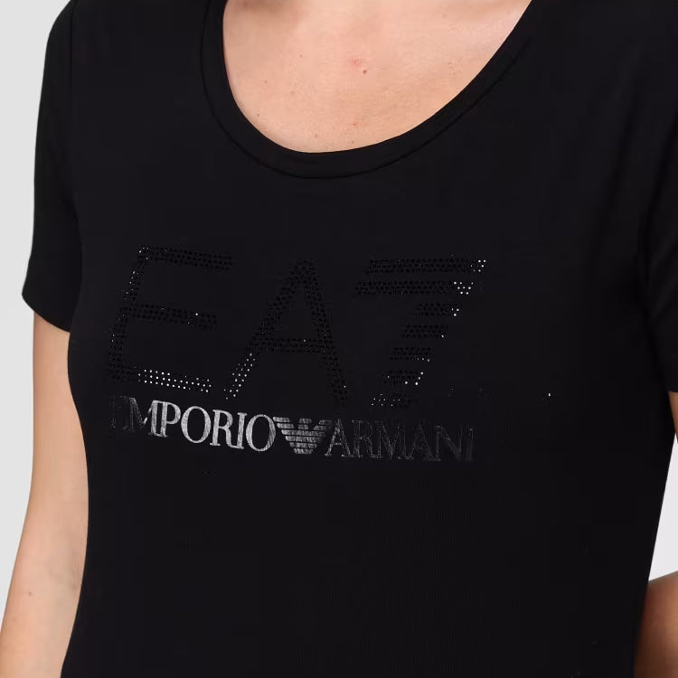 7W000536 AF10373 - T-Shirt e Polo - Donna - EMPORIO ARMANI - TRAIN LOGO FANCY STRASS - Cotone - Nero - Girocollo - Logo Decorato EA7 - Logo EA7 Decorato - Con Strass - Glamour