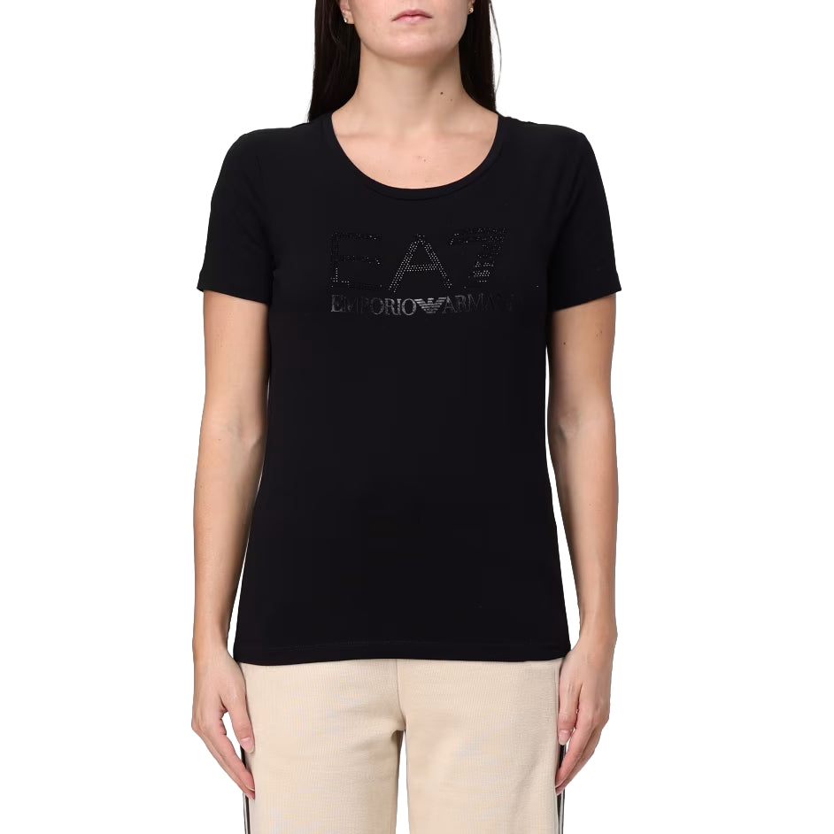 7W000536 AF10373 - T-Shirt e Polo - Donna - EMPORIO ARMANI - TRAIN LOGO FANCY STRASS - Cotone - Nero - Girocollo - Logo Decorato EA7 - Logo EA7 Decorato - Con Strass - Glamour