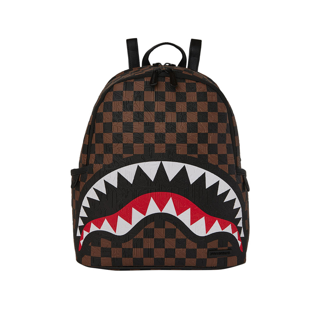 910B8233NSZ - Zaini - Sprayground - Unisex -  CHECK 2 EMBOSS SAVAGE BACKPACK - Marrone & Nero - Grafica A Scacchiera - Shark Mouth - Stash Pocket - Accessorio