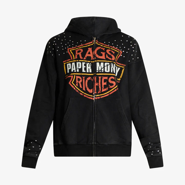 FELPA UOMO PAPER MONEY CON CAPPUCCIO E ZIP STRASS E BORCHIE