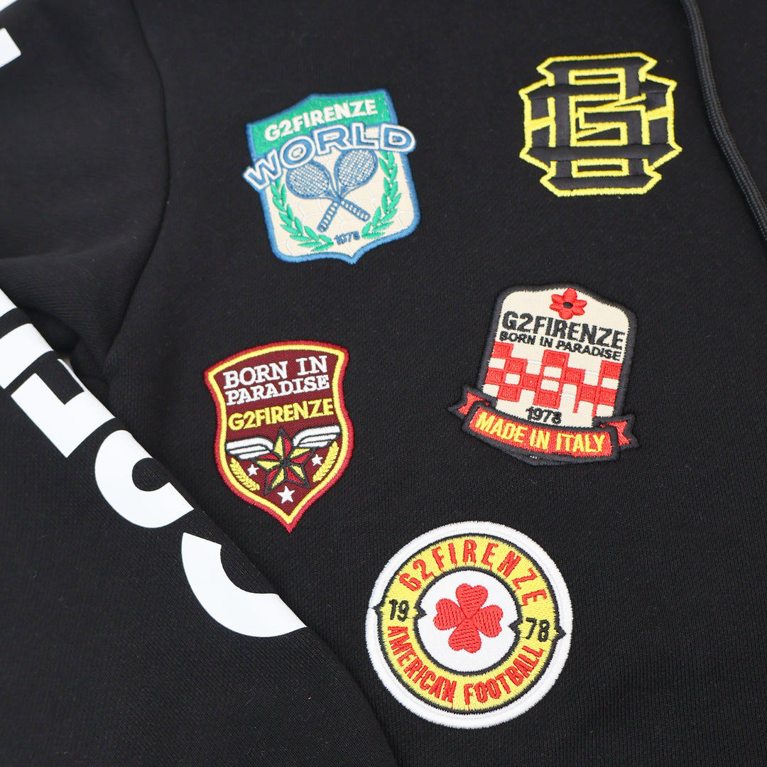 RACING - Felpe - Uomo - G2 FIRENZE - Con Cappuccio - Bianca & Nera - Toppe Decorative - Grafiche Dinamiche - Morbido Tessuto Felpato - Look Casual - Motorsport - Streetwear - Abbigliamento Autunno Inverno