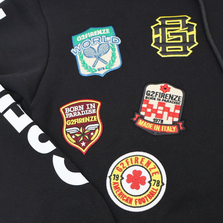 RACING - Felpe - Uomo - G2 FIRENZE - Con Cappuccio - Bianca & Nera - Toppe Decorative - Grafiche Dinamiche - Morbido Tessuto Felpato - Look Casual - Motorsport - Streetwear - Abbigliamento Autunno Inverno