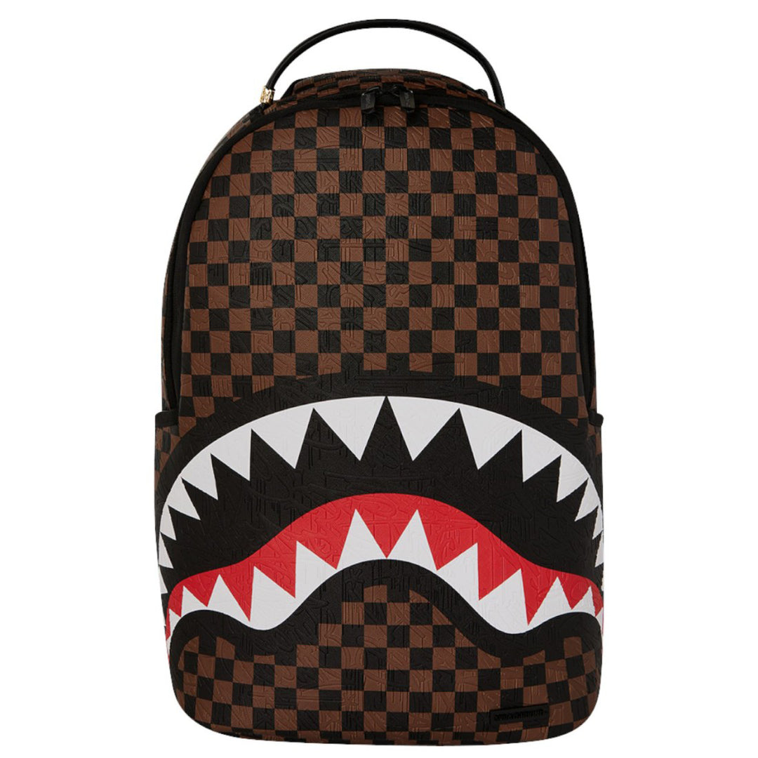 910B8232NSZ - Zaini - Unisex - Sprayground - SAWTOOTH SHARKS IN PARIS MONOGRAM - Grafica A Scacchiera - Marrone & Nero - Design Unico - Stash Pocket - Accessorio