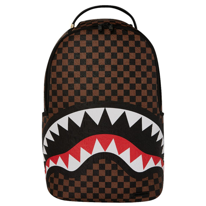 910B8232NSZ - Zaini - Unisex - Sprayground - SAWTOOTH SHARKS IN PARIS MONOGRAM - Grafica A Scacchiera - Marrone & Nero - Design Unico - Stash Pocket - Accessorio