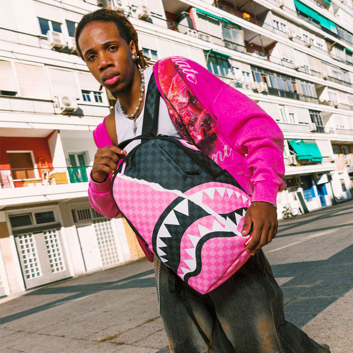 ZAINO SPRAYGROUND PINK AND BLACK TEAR SIP SPLIT CHECK SHARK PVC 910B7692NSZ